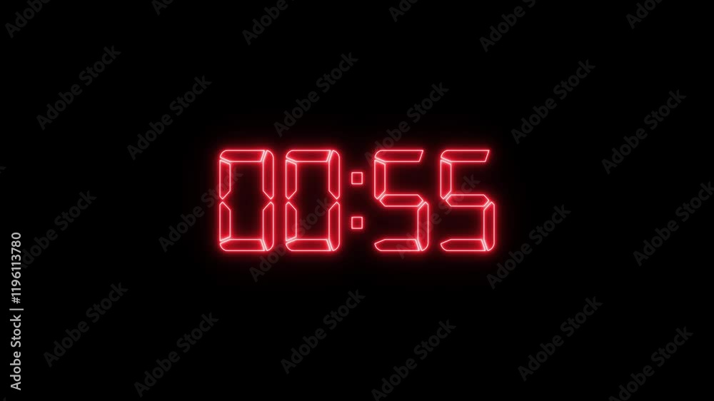 Glowing Neon 1 minute timer animation on black background. 60 seconds timer countdown animation