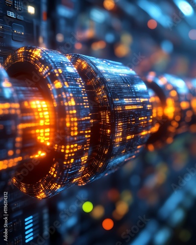 Glowing data stream in futuristic server.