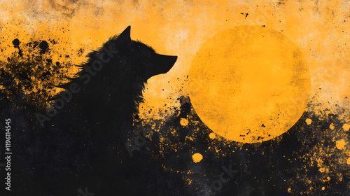 A silhouette of a wolf against a large yellow sun, surrounded by an abstract, dark splatter background, creating a striking contrast photo