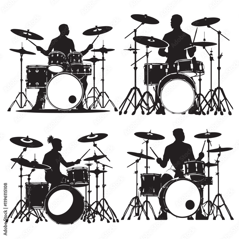 Fototapeta premium set of black drummer musician drumming drums vector silhouettes isolated on white background