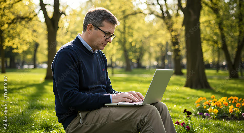 Man Working on Laptop in Sunny Park Green Grass Spring Flowers