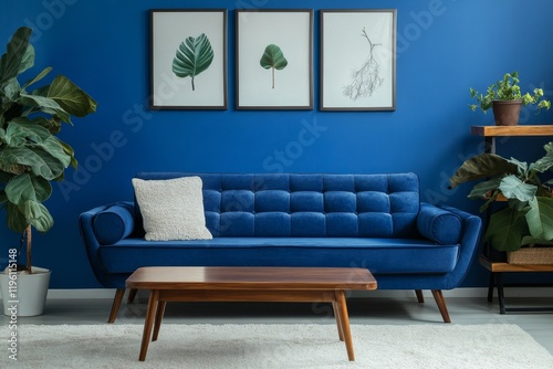 Blue velvet sofa in a living room with plants and art.