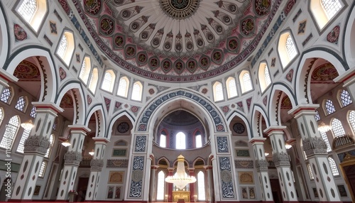Elegant mosque interior with intricate Islamic patterns  grand arches  and serene ambiance  embodying spiritual beauty and architectural excellence.  