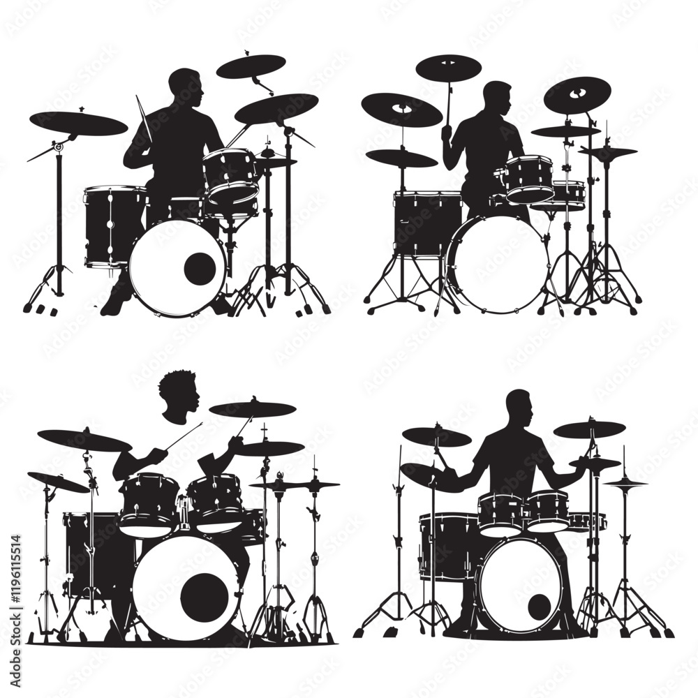 Fototapeta premium set of black drummer musician drumming drums vector silhouettes isolated on white background