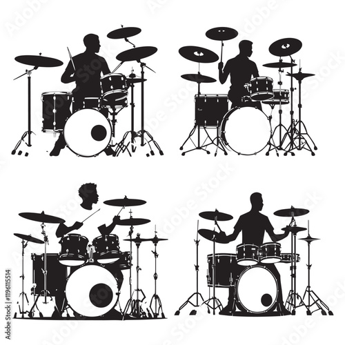set of black drummer musician drumming drums vector silhouettes isolated on white background