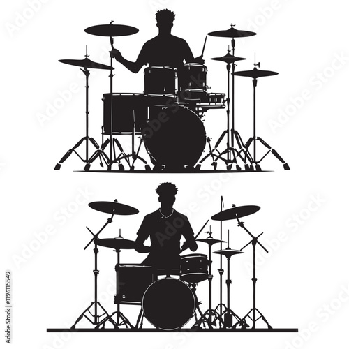 set of black drummer musician drumming drums vector silhouettes isolated on white background