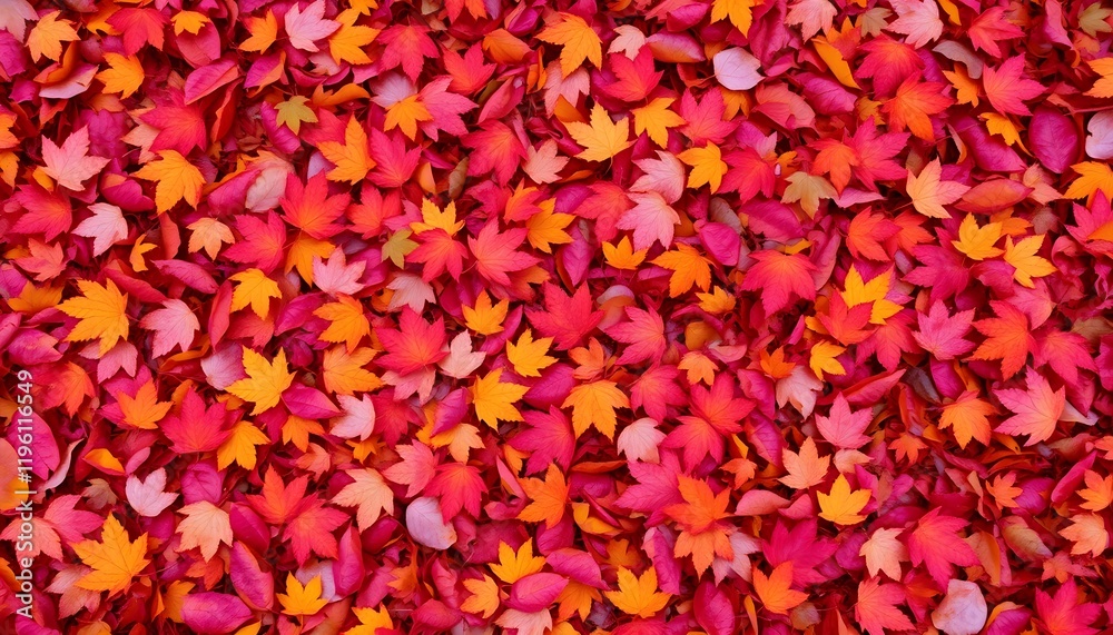 Fototapeta premium A vibrant autumn background pattern showcasing a colorful carpet of fallen forest leaves in rich reds, oranges, and yellows