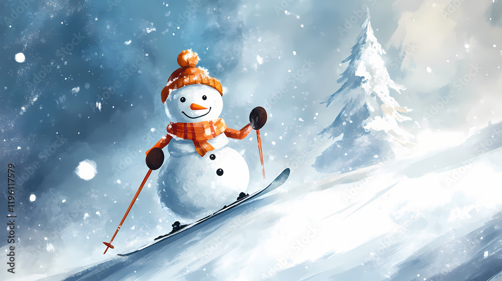 Fototapeta premium Snowman skiing downhill, snowy landscape, dynamic design, watercolor style. Windspire. Illustration