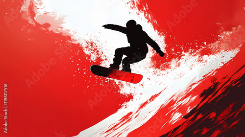 Snowboarder-silhouette bei einem sprung vor roter bergkulisse im dynamischen kunststil. Windspire. Illustration photo