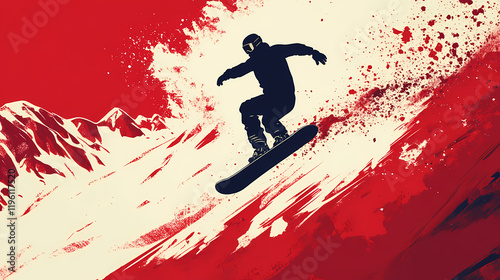Snowboarder-silhouette bei einem sprung vor roter bergkulisse im dynamischen kunststil. Windspire. Illustration photo