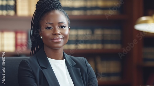 Educational lawyer, African-American attorney consulting on school laws, assertive and focused, organized and modern office photo