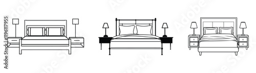 Bed with two nightstands icon, vector, outline, silhouette, illustration, coloring page design, isolated on white background