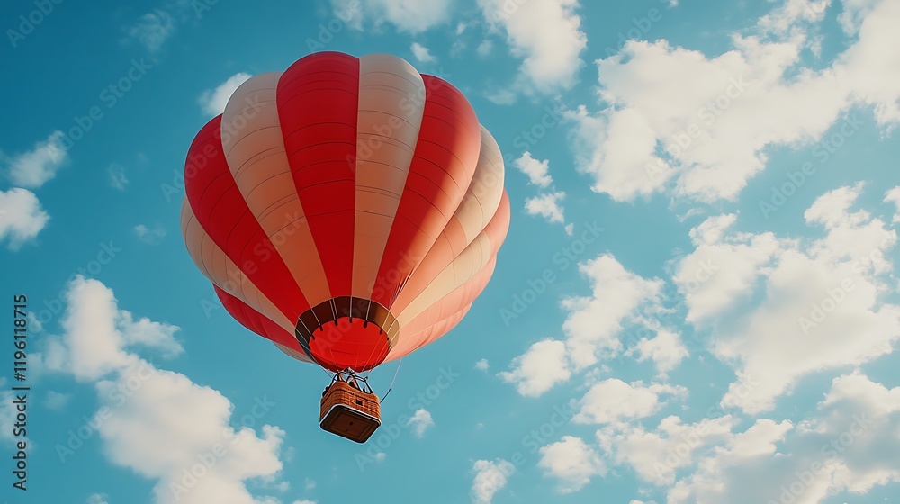 Fototapeta premium Red and White Hot Air Balloon Soaring Through a Cloudy Sky