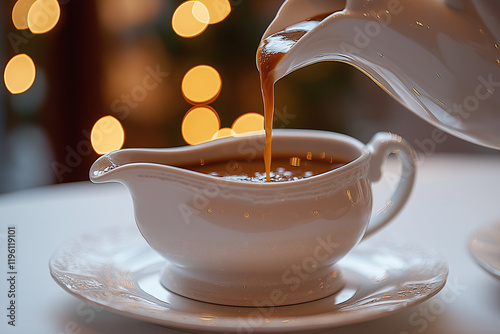 Gravy boat at a banquet serving rich gravy pouring onto a delicious meal
