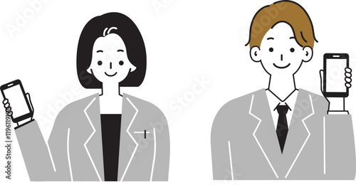 スマホを持つスーツを着た男女