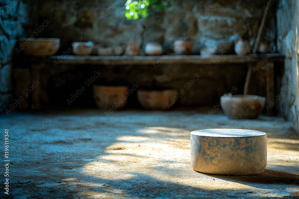 Unoccupied Pottery Wheel in an Artisan Setting with Tools Ready for Crafting Unoccupied Pottery Wheel in an Artisan Setting with Tools Ready for Crafting