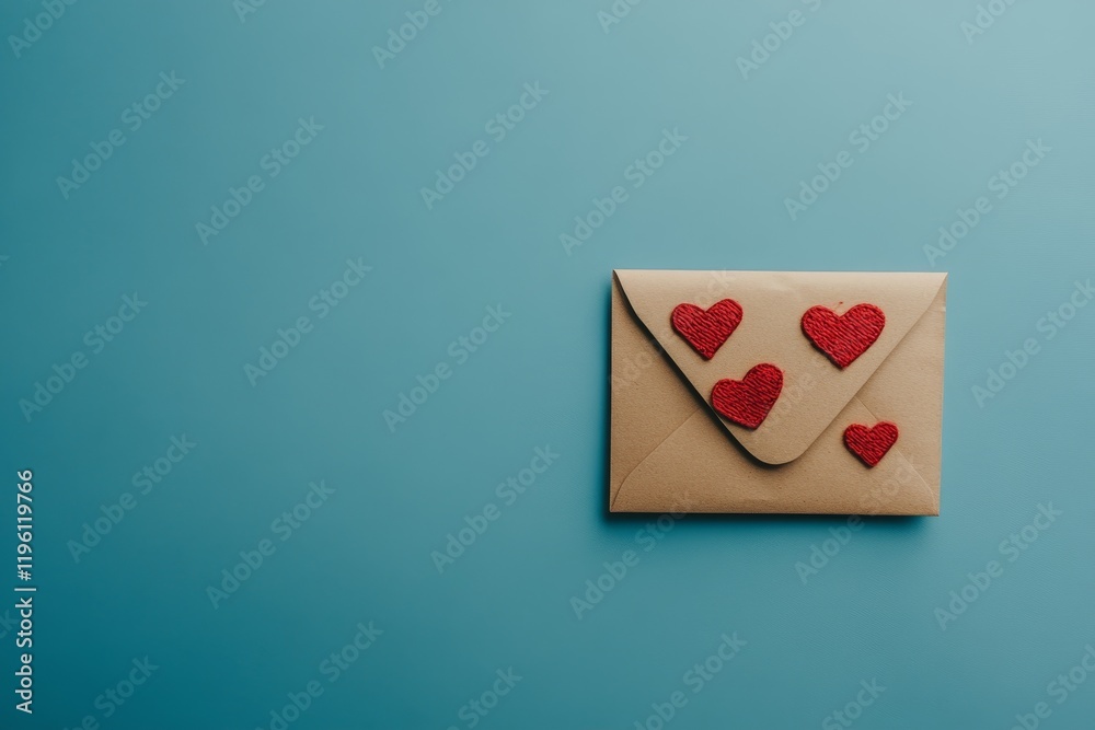 Kraft envelope with red felt hearts on blue background. Kraft envelope with red felt hearts on blue background.