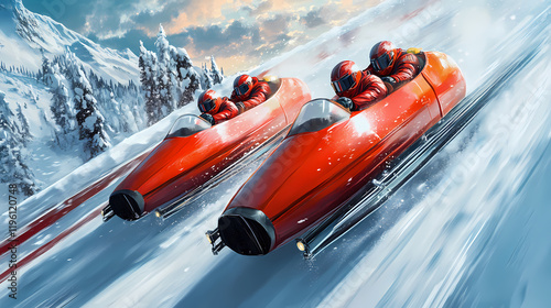 Red bobsled team racing down a snowy track. Windspire. Illustration
