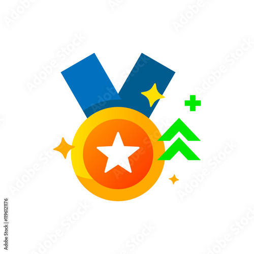 Flat illustration of a medal necklace with upward arrow. user level up in an application or website. for depicting achievements, rewards, progress, or unlocking new benefits in gamification systems