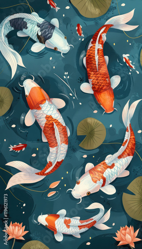 Vector illustration of koi fish, simple flat style with simple lines, on a blue background with lotus leaves and water lilies in the corners. Each koi fish is in a different color, depicted in a top-d