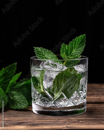 Refreshing mint julep cocktail in a crystal glass with ice cubes