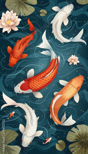 Vector illustration of koi fish, simple flat style with simple lines, on a blue background with lotus leaves and water lilies in the corners. Each koi fish is in a different color, depicted in a top-d