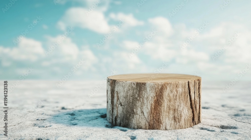 A wooden podium sits isolated on a sandy desert terrain, surrounded by a clear blue sky and soft clouds, creating a serene atmosphere A wooden podium sits isolated on a sandy desert terrain, surrounded by a clear blue sky and soft clouds, creating a serene atmosphere