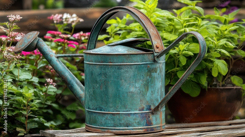 Rustic Teal Watering Can Amidst Lush Greenery Rustic Teal Watering Can Amidst Lush Greenery
