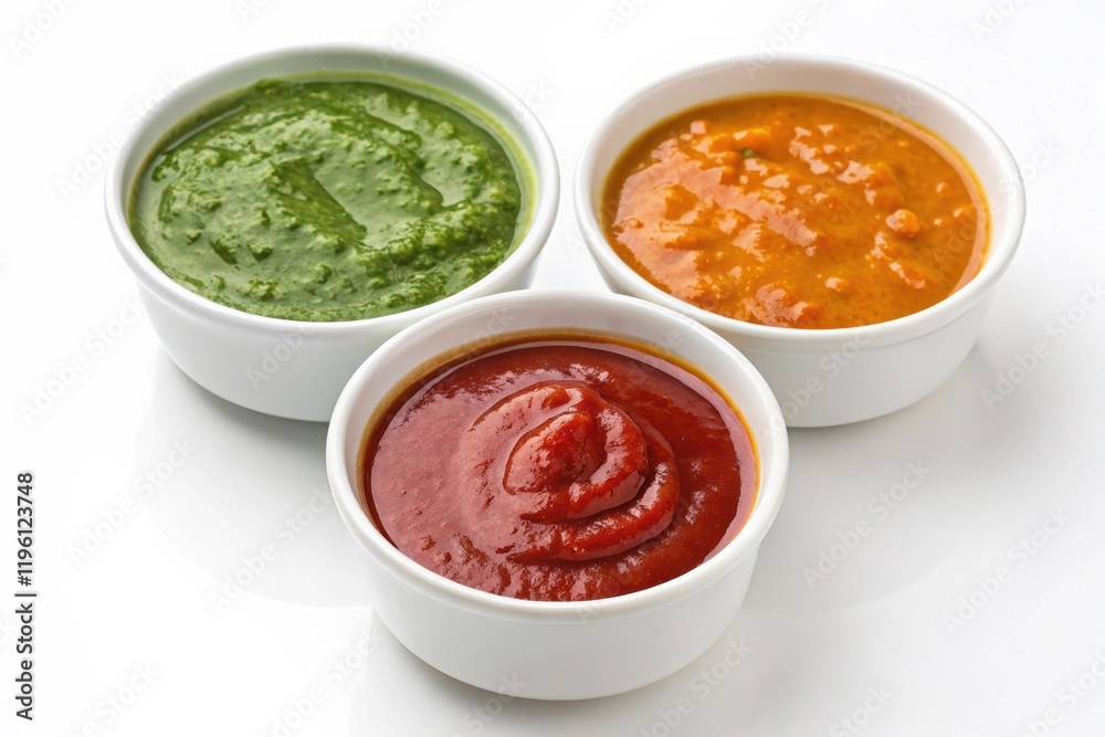 green, red, orange sauce in white bowl green, red, orange sauce in white bowl