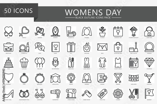 Women's day black outline icons set. contain gender, freedom, jewelry, dress, education, greeting, ribbon, heels and more. Vector EPS 10 for banner, print, digital UI, UX kit, web and app development.