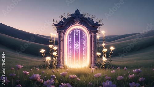 Cute Enchanted Gateway Wallpaper: Soft Colors, Glowing Texture, and Dreamy Field Scene