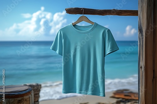 Teal t-shirt hanging outdoors near ocean.