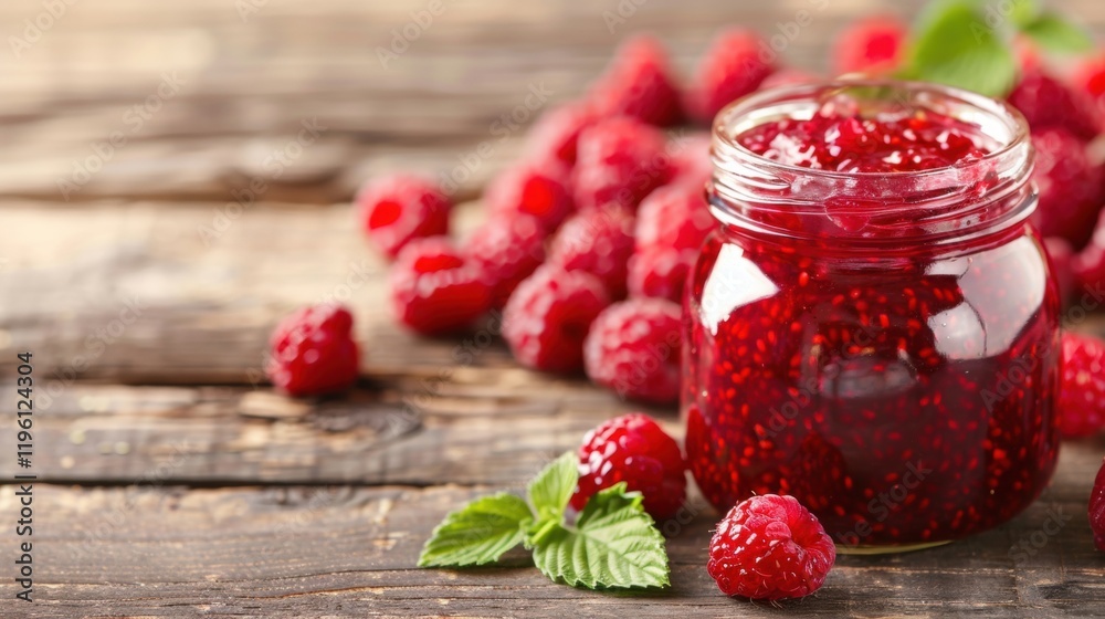 A jar filled with vibrant red raspberry jam rests on a weathered wooden surface, accompanied by fresh raspberries and mint leaves A jar filled with vibrant red raspberry jam rests on a weathered wooden surface, accompanied by fresh raspberries and mint leaves