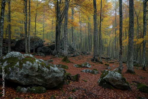 Autumns enchanting embrace: a rocky forest enclave 