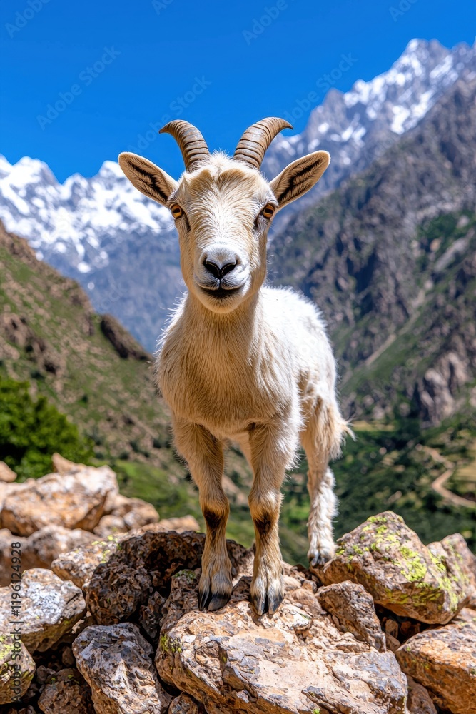 Curious goat standing on rocks with mountains in the background