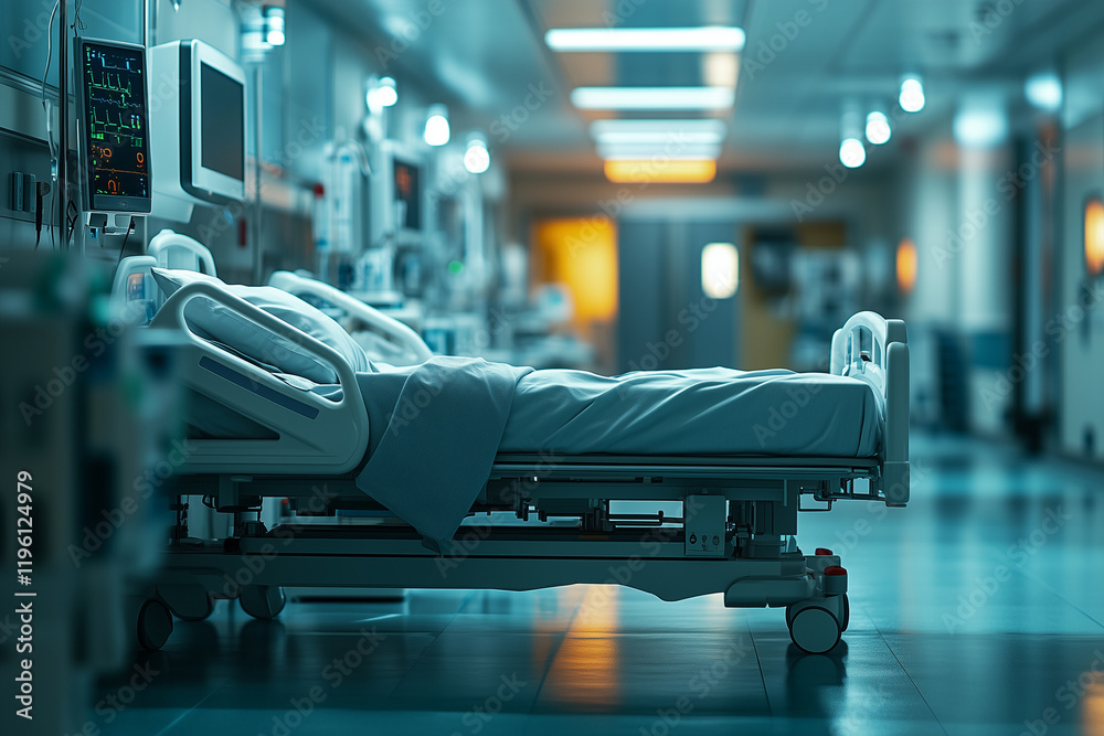 Fototapeta premium Bare Hospital Bed in a Clinical Setting with Medical Equipment for Care
