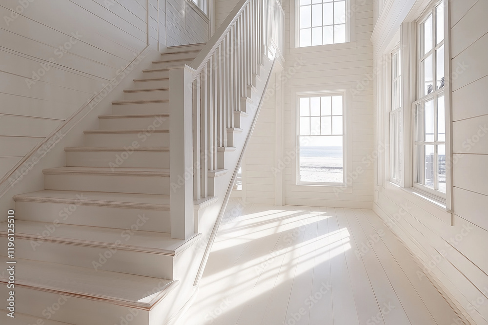 Fototapeta premium Airy Staircase in a Beachfront Property with Wide Windows and Ocean View