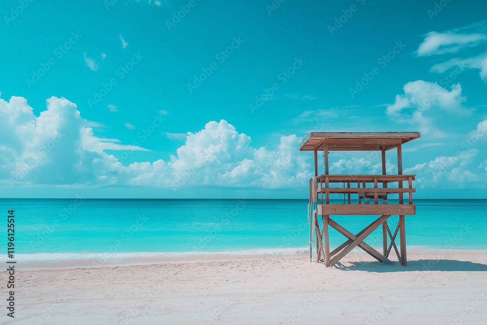 Empty Lifeguard Stand on a Beach Setting with the Ocean in the Distance Empty Lifeguard Stand on a Beach Setting with the Ocean in the Distance