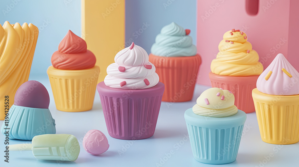 A playful set of plastic toys shaped like cupcakes and ice cream, In the Scandinavian design. Cute minimalistic form language