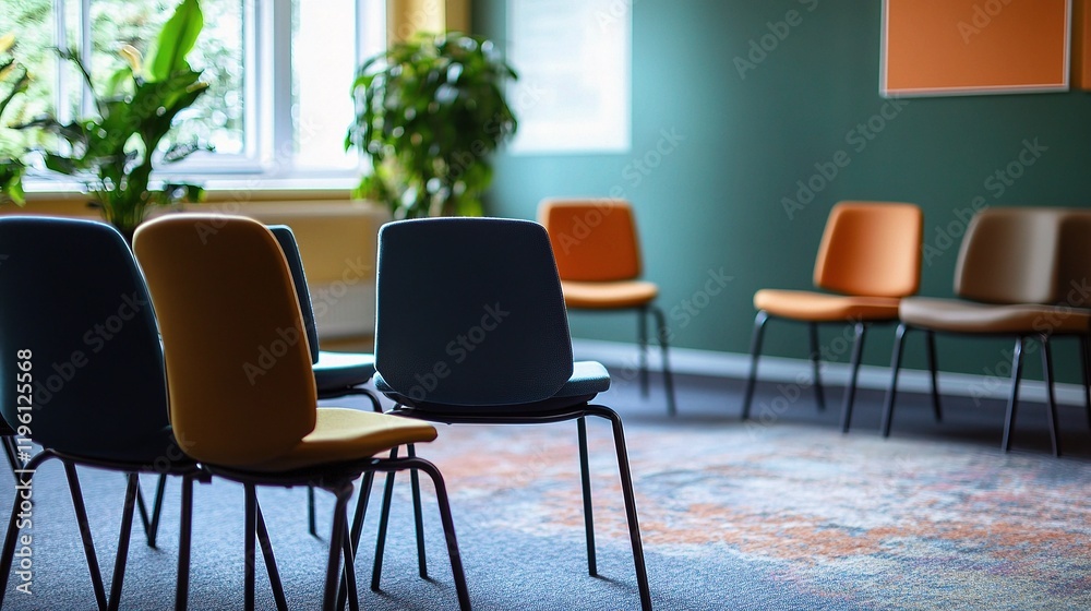 Empty Chairs Arranged in a Psychologist's Office for Group Therapy Empty Chairs Arranged in a Psychologist's Office for Group Therapy