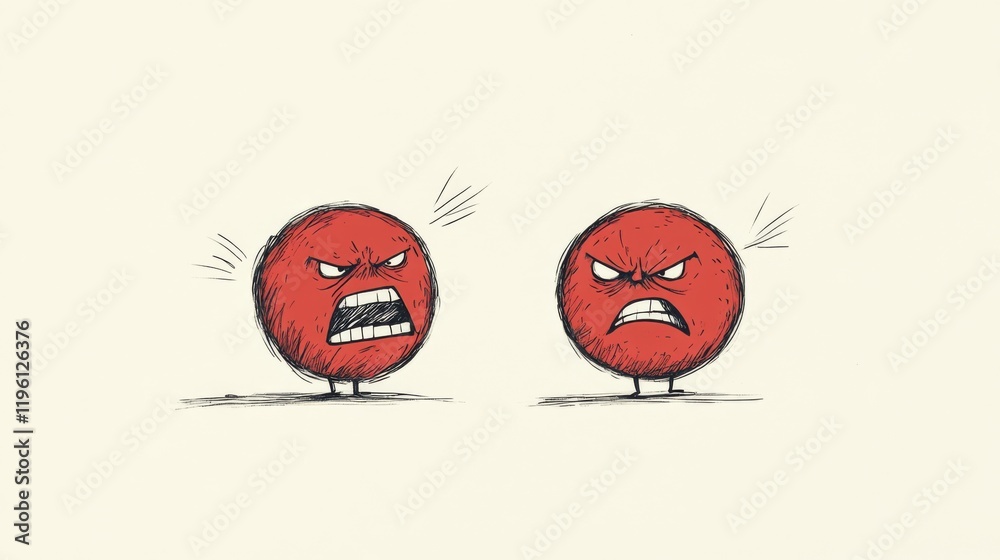 Fototapeta premium Two angry red circle characters arguing.