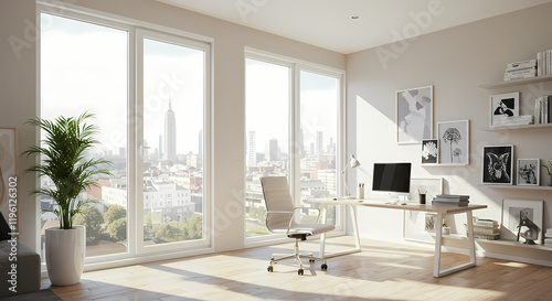 Modern Home Office with City View Desk Chair Plants