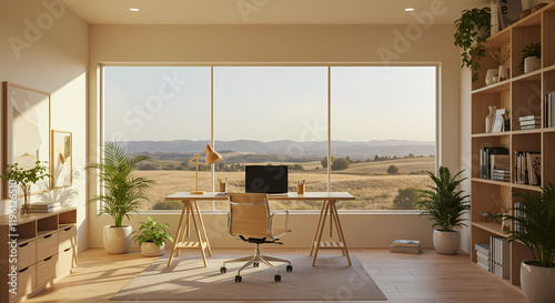 Serene Home Office with Panoramic View Minimalist Design Natural Light