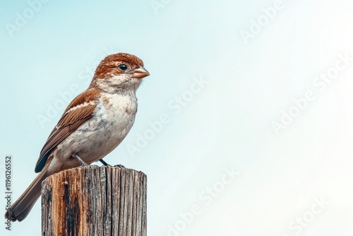 Small brown bird perched on wooden post against a light blue sky