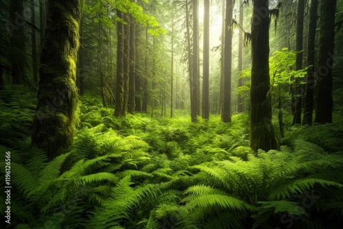 A lush green forest filled with moss and ferns perfect for a summer escape photo