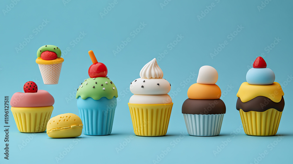 A playful set of plastic toys shaped like cupcakes and ice cream, In the Scandinavian design. Cute minimalistic form language A playful set of plastic toys shaped like cupcakes and ice cream, In the Scandinavian design. Cute minimalistic form language