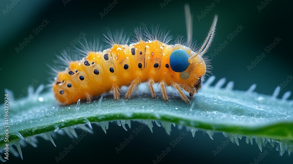 Orange fuzzy caterpillar on leaf.