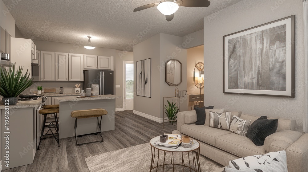 Fototapeta premium Modern living room and kitchen with stylish decor and furniture.