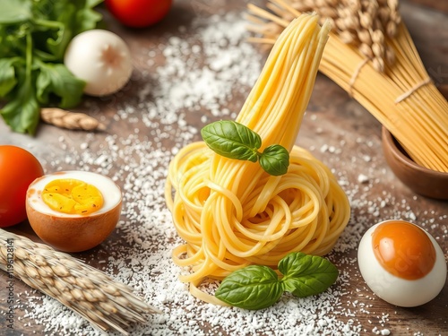 Handmade raw durum wheat tagliatelle egg pasta cooked and ready, copy space food background image, cooking, food background