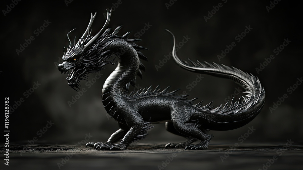 Obraz premium a black Japanese dragon, whole body on show, fierce look